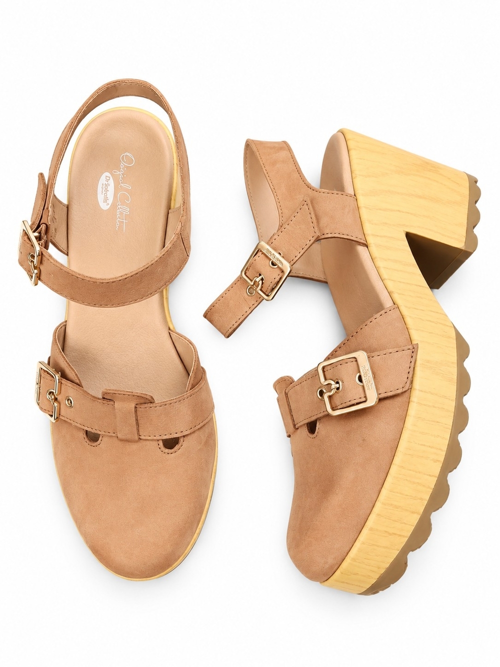 Dr Scholl's Size 9 Platform Tan Suede Buckle Straps Leather Clogs